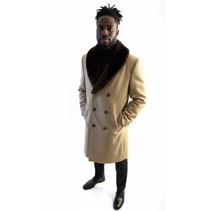 Vintage Cortefeil Camel Lana Wool Mens Size 42 Double Breasted European Overcoat